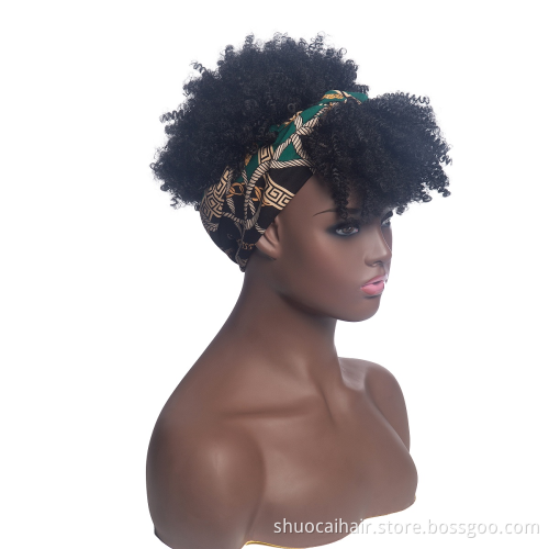 SC Hot Selling Curly Wigs for Black Women Short Afro Kinky Curly Headbands Cheap Scarf Wig Turban Drawstring Afro High Puff